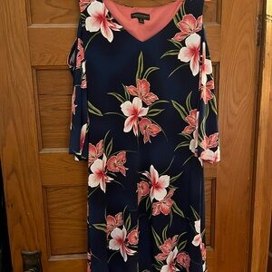 Connected Apparel Navy and Pink Dress with tropical flowers and open shoulder